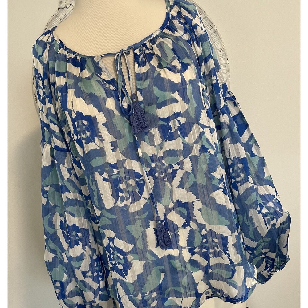 Love‎ Stitch Womens Blue Green Floral Peasant Top Blouse Puff Sleeves S MSRP $78